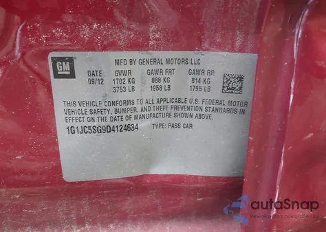 2013 Chevrolet Sonic Lt Auto from USA, damaged, VIN 1G1JC5SG9D4124634